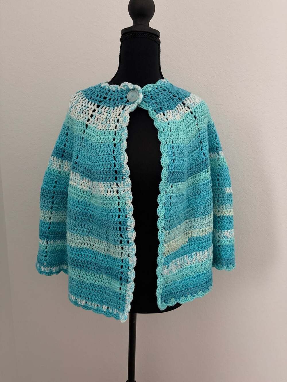 Handmade Crochet Poncho Shawl Blue Ombre Acrylic
